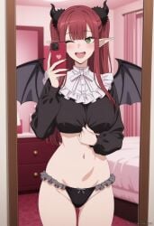 1girls ai_generated aimisaka ass_visible_through_thighs bed bedroom black_horns black_panties black_shirt black_wings blunt_bangs blush bow_panties breasts cellphone cosplay cowboy_shot crop_top demon_girl demon_horns demon_wings fake_horns fake_wings frilled_panties frilled_shirt frilled_shirt_collar frills green_eyes holding horns indoors kitagawa_marin large_breasts long_hair long_sleeves looking_at_viewer mirror navel no_pants one_eye_closed open_mouth panties phone pointy_ears puffy_long_sleeves puffy_sleeves red_hair reflection rizu-kyun_(cosplay) selfie shirt smartphone smile solo sono_bisque_doll_wa_koi_wo_suru standing stomach teeth thighs two_side_up underwear upper_teeth_only wings