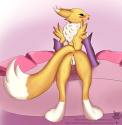 2017 anthro anus ass black_nose blue_eyes blush breasts bridal_gauntlets clothing digimon facial_markings female front_view fur invalid_tag markings mr_specter_fox multicolored_tail neck_tuft nude presenting pussy renamon small_waist solo spreading standing tuft warmers white_fur wide_hips yellow_fur