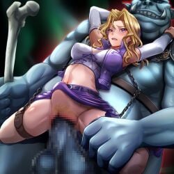 1boy blonde_hair blue_skin bone breasts censored clenched_teeth colored_skin commentary_request corset crop_top cropped_jacket fanny_packing female female_pubic_hair giant_orc highres interspecies jacket kujaku_mai large_breasts large_penis meat_armor microskirt miyakura_haruto monster mosaic_censoring orc penis pubic_hair purple_eyes purple_jacket purple_skirt rape restrained sex size_difference skirt stomach stomach_bulge tears teeth testicles vaginal_penetration white_arm_warmers white_corset yu-gi-oh!