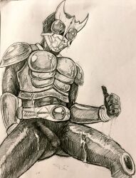 1boy after_handjob after_sex armor armored_male belt bukkake cum cum_drip cum_on_armor cum_on_body cum_on_chest cum_on_face cum_on_hand cum_on_legs cum_on_mask drawing erect_penis erection erection_under_bodysuit helmet kamen_rider kamen_rider_kuuga kamen_rider_kuuga_(series) legs_apart legs_spread male male_focus male_only mask masked masked_male monochrome pencil_(artwork) penis penis_outline sitting solo thumbs_up yusuke_godai