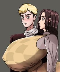 1boy1girl aged_up aot attack_on_titan big_breasts big_titties blonde_hair blonde_male blush blushing_male breasts breasts_bigger_than_head brown-haired_female brown_hair brunette_female canon_couple childhood_friend couple distracted falbi falco_grice gabi_braun girl_staring_at_guy's_chest grown_up huge_breasts idkbigtitlover large_breasts meme meme_reference pinafore_dress plaid_dress post-timeskip shingeki_no_kyojin staring_at_breasts time_skip
