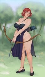 1girls 2d arrow_(projectile) artist_name arya_(gmareh32) big_breasts bottomless bow_(weapon) bow_and_arrow clothed clothed_female color commission dress elf elf_female female female_only fizzz flats flats_(shoes) freckles freckles_on_chest freckles_on_shoulders full_body full_color half-elf half_elf hi_res huge_breasts large_breasts looking_away navel_cutout no_panties original original_character pointy_ears quiver_(object) red_hair shoes short_hair smile solo strapless_dress voluptuous voluptuous_female