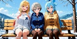 3girls ai_generated aqua_(konosuba) bench crossover encoder female female_only jacket kitagawa_marin kono_subarashii_sekai_ni_shukufuku_wo! multiple_girls nature outdoors outside sfw sitting sitting_on_bench smile smiling snow sono_bisque_doll_wa_koi_wo_suru trees uzaki-chan_wa_asobitai! uzaki_hana winter winter_clothes