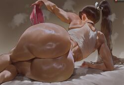 1girls ai_assisted ai_generated ass big_ass black_choker bottomless bubble_butt choker curvy fat_ass fatal_fury female female_only from_behind huge_ass king_of_fighters large_ass long_hair lying mai_shiranui mai_shiranui_(casual) official_alternate_costume on_side ponytail shexyo shorts snk solo solo_female street_fighter street_fighter_6 sweat tank_top the_king_of_fighters thick thick_ass unworn_shorts voluptuous white_tank_top wide_hips