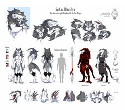 accessories anthro armor armpits claws ear_piercing forked_tongue fur hair long_hair male melee_weapon nude piercing polearm raesheris rage1986 rayetherna scar sergal shigu simple_background spear spikes_blackfire toe_claws tongue weapon white_background