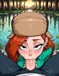 1boy ai_generated black_eyes black_pants blush body_freckles breasts brown_hair clothing collared_shirt disney disney_channel disney_xd earrings erection fellatio female forest freckles fur_hat gravity_falls green_shirt hat jewelry jousneystudio lake lily_pad long_hair looking_at_viewer male male_pov nature nose_blush open_fly open_pants oral orange_hair outdoors pants partially_submerged penis penis_out plaid plaid_shirt pond pov_crotch red_hair reflection ripples saliva shirt solo_focus straight stud_earrings sun sunset tree ushanka veins veiny_penis water wendy_corduroy