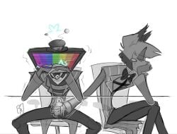 alastor_(hazbin_hotel) bored_expression bow bowtie duo gay glass_table hair handjob hat hazbin_hotel jerking_off_another jerkingoff_another male/male male_focus male_only monochrome orgasm_induced_error_screen outercourse penis short_hair suit trembling_pleasure tv tv_head under_the_table vox_(hazbin_hotel) yaoi