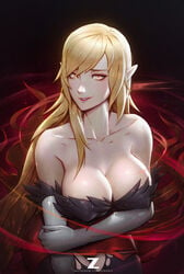 bakemonogatari blonde_hair breasts cleavage female kiss-shot_acerola-orion_heart-under-blade large_breasts long_hair monogatari_(series) oshino_shinobu paul_kwon pointy_ears solo vampire yellow_eyes zeronis