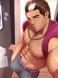abs arron_freeman_(wyldecard) beard beard_stubble bearlcy brown_hair brown_hair_male brunette_hair brunette_male bulge bushy_pubes caucasian caucasian_male chains chest chest_hair commission commission_art commissioner_upload golden_chains green_eyes green_eyes_male hairy hairy_chest hairy_male holding_bulge looking_at_camera looking_at_viewer mallen_streak muscular_male necklace oc original original_character original_characters pubic_hair pubic_hair_peek saints_row selfie selfie_pose snail_trail solo_male underwear underwear_bulge white_streak