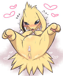 <3_eyes animal_genitalia animal_pussy anus ass black_eyes blush canine censored eeveelution female feral fur heart jolteon kiriya lying mammal nintendo on_back pawpads pokemon presenting presenting_hindquarters pussy pussy_juice simple_background solo spread_legs spreading sweat tongue video_games yellow_fur