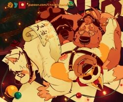 2025 anthro ass ball_gag barbell_piercing black_body black_fur blindfold bondage brown_body brown_fur canid canine canis chocolateandmilk christmas christmas_clothing christmas_headwear christmas_tree clothing colored digital_drawing_(artwork) digital_media_(artwork) domestic_dog english_description fellatio fur gag group group_sex harness hat headgear headwear herding_dog hi_res high-angle_view holidays human_to_anthro leather leather_harness list male male/male male_anthro mammal nipple_fetish nipple_piercing nipple_play nipple_suck nipples open_mouth open_smile oral ornament paper pastoral_dog pen penile penis_in_mouth piercing plant richard_wiggleton santa_hat sex short_tail smile species_transformation sucking tail text transformation transformation_through_sex tree url welsh_corgi white_body white_fur yellow_body yellow_fur