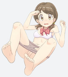 barefoot bra breasts brown_hair feet female full_body grey_background hair_tie hayyan innie_pussy leaning_back looking_at_viewer navel neck_ribbon open_mouth original panties panty_pull pussy ribbon short_hair short_twintails simple_background sitting soles solo strap_slip surprised tied_hair toes twintails uncensored underwear underwear_only yellow_eyes