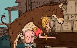 ! 2d blonde_female blonde_hair blue_eyes blush bulge clothing doggy_style dominant_feral donkey equine equine_penis farm farmgirl female_human/male_feral female_on_feral femsub feral feral_on_female feral_on_human feral_penetrating feral_penetrating_human from_behind horsecock human_female human_on_feral human_penetrated light-skinned_female light_skin long_hair motion_lines original original_character outdoors pants_down pounding rough_sex shocked short_shorts size_difference struggling submissive_human sweat white_female wowstuff zoophilia