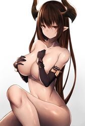 breasts brown_eyes brown_hair elbow_gloves forte_(shingeki_no_bahamut) granblue_fantasy horns nude pointy_ears red_eyes shingeki_no_bahamut