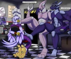 2025 3_toes 4_toes 5_fingers 5_toes absurd_res animatronic anthro arms_tied avian barefoot berk_rider bondage bound bulge claws clothed clothing detailed_background dialogue dragon english_text feet fingers five_nights_at_freddy's foot_fetish foot_focus foot_on_face foot_on_head foot_on_penis foot_play footjob generation_2_pokemon generation_3_pokemon genitals group hi_res humanoid_feet legendary_pokemon living_machine lugia machine male male/male mythological_creature mythological_scalie mythology nintendo nude office one_eye_closed penis plantigrade pokemon pokemon_(species) restraints robot scalie scottgames sex shadow_lugia shadow_pokemon size_difference smile soles submissive talons teasing text toe_claws toes trio uniform