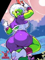 1girls 2d artist_logo artist_name ass breedable_hips caked_up cheelai ditchu ditchuart_(sfw) dragon_ball dragon_ball_super dragon_ball_super_broly female gloves green-skinned_female green_skin green_skinned_female looking_back outdoors pinup pixel_(artwork) pixel_art pose purple_outfit solo solo_female tagme white-haired_female white_hair white_hair_female