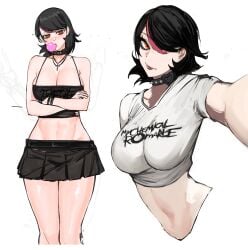 1girls 2025 2d 2d_(artwork) big_breasts black_hair black_lipstick brown_eyes chocker clothing cross cross_necklace emo female female_only front_view huge_breasts miniskirt multiple_views my_chemical_romance_(merch) necklace nero_watch persona_3 questionable red_hair selfie shirt solo solo_female tank_top thick thick_thighs thighs two-tone_hair yukari_takeba