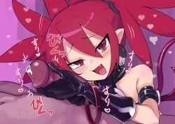 1boy 1girls absurdres cute_fang demon_tail disgaea disgaea_1 earrings etna female female_focus gloves hair_between_eyes highres jank365m nippon_ichi_software petite pointy_ears red_eyes red_hair skull_earrings slit_pupils spade_tail tail