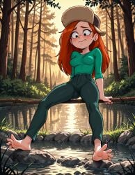 ai_generated barefoot black_eyes blush breasts closed_mouth clothing day disney disney_channel disney_xd earrings feet female fishing fishing_rod forest freckles full_body fur_hat grass gravity_falls green_pants green_shirt hat headwear jeans jewelry jousneystudio legs long_hair long_sleeves looking_down medium_breasts nature orange_hair outdoors pants pond red_hair river rock shirt shirt_tucked_in sitting soles solo spread_toes stream sunset toes tree trembling ushanka water wendy_corduroy