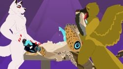 absurd_res anthro applesnack_(applesnack) avian bird black_penis blue_eyes blue_penis bodily_fluids canid canine canis coyote cum cum_drip cum_in_mouth cum_inside cum_on_penis dripping feet fellatio flat_colors foot_fetish foot_lick foot_play genital_fluids genitals group hi_res hybrid knot knotted_penis leg_grab licking lineless machine male male/male mammal oral penile penis pit_viper protogen rattlesnake red_eyes reptile scalie schocoa_(artist) sex snake spitroast table_grab tongue trio viper wolf