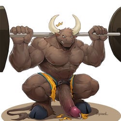 2017 abs anthro athletic belly belt biceps big_biceps big_muscles big_penis blue_eyes blush bovine brown_penis brown_skin cattle clenched_teeth clothed clothing cock_ring crouching erection front_view genital_piercing holding_object hooves horn huge_cock huge_muscles humanoid_penis kneeling long_penis male male_only mammal muscular muscular_male nipples nude pants partially_clothed pecs penis penis_piercing piercing pose pubes raymond158 signature simple_background smile solo standing teeth thick_penis torn_clothing vein veiny_penis weights white_background white_horn work_out