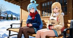 2girls ai_generated aqua_(konosuba) bench building coffee coffee_mug crossover encoder female female_only jacket kitagawa_marin kono_subarashii_sekai_ni_shukufuku_wo! multiple_girls nature outdoors outside sfw sitting sitting_on_bench smile smiling snow sono_bisque_doll_wa_koi_wo_suru trees winter winter_clothes