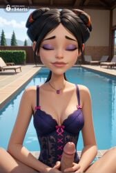 1boy 1boy1girl 1girls ai_generated artist_name bare_shoulders black_hair bow braceface breasts cleavage closed_eyes closed_mouth collarbone corset day double_bun english_text erection eyeshadow facing_viewer female hair_bun handjob hi_res jewelry lingerie lips long_hair makeup maria_wong medium_breasts necklace nose outdoors penis pool poolside pov precum r34arts sitting small_breasts smile solo_focus spread_legs straight uncensored underwear water