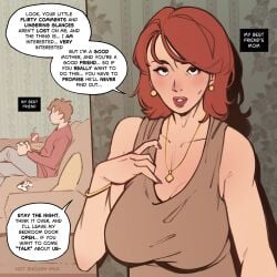 1boy 1girls 2d clothed english english_text female friends_mother imminent_sex inviting_to_sex light-skinned_female light_skin looking_at_viewer mature_female milf not_enough_milk_(artist) older_female older_female_and_younger_male original original_character pov pov_eye_contact sons_friend speech_bubble text younger_male
