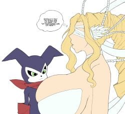 1boy 1girls big_breasts blonde-haired_female blonde_female blonde_hair breast_focus breasts digimon digimon_(species) english female female_focus huge_boobs huge_breasts impmon light-skinned_female light_skin male monster_boy my_eyes_are_up_here smoxul thought_bubble venusmon