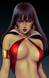1girls black_hair breasts dara_miruki earrings eyeliner eyeshadow female gradient_background green_eyes hi_res lipstick looking_at_viewer makeup medium_breasts miruki09 simple_background solo vampire_girl vampirella vampirella_(series)