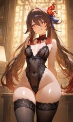 ai_generated ass_visible_through_thighs babydoll babydoll_lingerie bottom_heavy bottom_heavy_female brat genshin_impact hoyoverse hu_tao_(genshin_impact) huge_thighs large_thighs lingerie mihoyo sfw shortstack slombert small_breasts thigh_gap thigh_highs tights