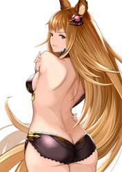 animal_ears ass blonde_hair bra breasts erun erun_(granblue_fantasy) granblue_fantasy long_hair looking_back metera_(granblue_fantasy) naughty_face panties red_eyes simple_background smile