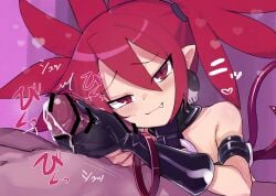 1boy 1girls :3 absurdres cute_fang demon_tail disgaea disgaea_1 earrings etna female female_focus gloves hair_between_eyes highres jank365m nippon_ichi_software petite pointy_ears red_eyes red_hair skull_earrings slit_pupils spade_tail tail
