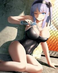 1girls :p arm_support big_breasts blue_eyes bodysuit bottle breasts cleavage dagashi_kashi eye_closed female female_only goribote hairband human latex looking_at_viewer low_res lowres one_eye_closed outdoors purple_hair shidare_hotaru sitting smile solo swimsuit tongue tongue_out water wet wet_breasts