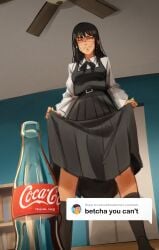 black_legwear bottle chainsaw_man english_text imabesingleforever khyleri mitaka_asa reference skirt skirt_lift skirt_lifted_by_self sweat sweatdrop yoru_(chainsaw_man)