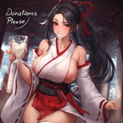 ai_generated asian asian_female ass big_ass big_breasts black_hair blush breasts brown_eyes caption captioned cum cum_in_mouth donation female front_view glass_of_cum japanese_clothes japanese_female large_breasts light-skinned_female light_skin long_hair oc original_character ponytail red_skirt revealing_breasts ribbon shrine shrine_maiden shrine_maiden_costume skirt speech tagme text thick_thighs