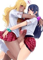 2boys androgynous asuka_(josou_gal_bitch_gakuen) balls big_penis blonde_hair blouse blue_eyes blue_hair blush bra commentary_request crossdressing dark-skinned_femboy dark-skinned_male dark_skin decensored erection femboy frottage girly grin gyaru heart heart-shaped_pupils hug hugging hung_femboy hung_trap josou_gal_bitch_gakuen kogal kuro_gyaru large_penis leopard_print lingerie long_hair loose_socks male male_only miyabi_(josou_gal_bitch_gakuen) mogiki_hayami multiple_boys multiple_penises necktie no_panties open_clothes open_mouth open_shirt parted_lips penis penis_under_skirt penises_touching red_eyes school_uniform scrunchie shirt simple_background skirt smile socks spoken_heart symbol-shaped_pupils testicles trap trap_on_trap uncensored white_background wrist_scrunchie yaoi