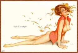 1girls alberto_vargas breasts dirty_blonde_hair female leaves nice_tits pinup red_topwear stretching wind