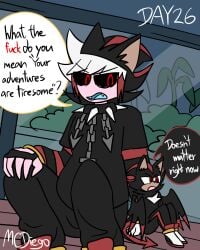 1boy ash_(ashdiary) balls bench boner bulge bulge_through_clothing bulge_under_clothes chains challenge collar demon dialog dialogue dialogue_box dialogue_bubble edgy emo emo_boy exhibition exhibitionism exhibitionist fur furry fursuit goth goth_boy hairy hairy_balls hairy_body hairy_male male male_only mcdiego no_nut_november oc original original_character outdoor_nudity outside public sega shadow_the_hedgehog shadow_the_hedgehog_(cosplay) skinsuit solo sonic_(series) sonic_the_hedgehog_(series) speech speech_bubble spiked_collar text text_box text_bubble waiting