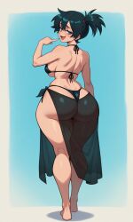 1girl ai_generated ass ass_focus asymmetrical_hair back backboob bare_shoulders bikini black_bikini black_footwear black_swimsuit blue_eyes blue_hair blush breasts busty clothing fang female footwear from_behind green_eyes hair_tie halterneck hand_on_hip hand_on_own_hip highleg highleg_bikini highleg_swimsuit huge_ass kasumi_(pokemon) kneepits large_ass large_breasts looking_at_viewer looking_back median_furrow misty_(the_electric_tale_of_pikachu) open_mouth pokemon ponytail sarong see-through shiny_skin short_hair short_ponytail shoulder_blades side_ponytail sideboob smile smug solo standing string_bikini swimsuit the_electric_tale_of_pikachu thick_ass thick_thighs thighs thong thong_bikini thong_swimsuit tied_hair wide_hips