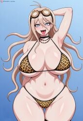 1girls ai_generated bikini blonde_hair breasts choker cleavage danganronpa danganronpa_v3 goggles_on_head huge_breasts iruma_miu leopard_print leopard_print_bikini midriff navel solo thong tongue_out