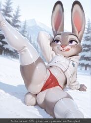 1girl 1girls ai_generated anthro cameltoe furry furry_female furry_only g-string judy_hopps latex latex_legwear legwear panties panzglard snow spread_legs tongue winter zootopia zootopia_2