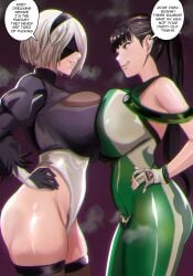 2girls absurdres alternate_breast_size_(larger) android bare_shoulders black_hair black_thighhighs blindfold breast_press breasts breasts_squeezed_together brown_eyes crossover docking english_text eve_(stellar_blade) female female_focus female_only grey_hair hairband hands_on_own_hips highleg highleg_leotard highres huge_breasts impossible_clothes juuka leotard medium_hair mole mole_under_mouth multiple_girls nier:_automata nier_(series) planet_diving_suit_(7th)_(stellar_blade) ponytail shiny_skin skin_tight speech_bubble stellar_blade symmetrical_docking thighhighs thighs trait_connection yorha_2b