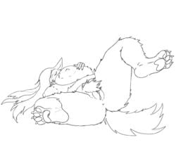 anus big_breasts breasts canine clitoris feet female fluffy hair huge_breasts large_areolae line_art long_hair looking_at_viewer lying mammal monochrome nude pubes pussy simple_background solo spread_legs spreading totalgarbage wolf