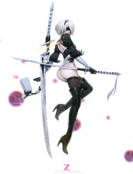 1girls ass blindfold female full_body leotard nier nier:_automata paul_kwon pod_(nier) short_hair simple_background solo thigh_boots thighhighs weapon white_background white_hair yorha_2b zeronis