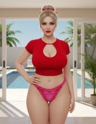 1girls 3d ai_generated blonde_hair bun_hair crop_top eyeshadow frill_trim frilly_panties hair_ribbon hair_tied hand_on_hip large_breasts lipstick lounge_chair milf poolside potted_plant red_outfit rgomez007 tied_hair updo wide_hips
