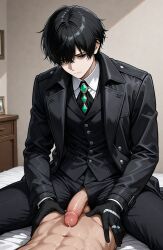 ai_generated black_eyes black_hair caleb_seiji cum emo jacket male masturbation nice_suit penis sad suit suit_and_tie suit_jacket suit_porn three_piece_suit tie