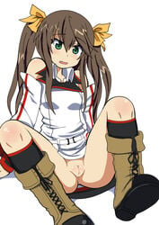 10s anus arm_support bare_shoulders belt blush boots brown_hair comord cute_fang dress female green_eyes hair_ornament hair_ribbon huang_lingyin infinite_stratos knees_up long_hair no_panties open_mouth pussy ribbon simple_background sitting socks solo spread_legs sweatdrop tied_hair twintails uncensored uniform white_background