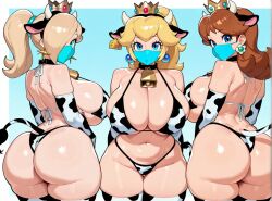 3girls ai_generated ass bikini blonde_hair blue_eyes brown_hair cow_horns cow_print cow_print_bikini cowbell crown earrings face_mask female huge_breasts large_ass long_hair mario_(series) multiple_girls nintendo ponytail princess_daisy princess_peach princess_rosalina stable_diffusion thighhighs thong