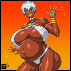1girls african_female big_ass big_belly big_breasts blue_eyes capcom clothed clothing cowboy_shot dark-skinned_female dark_skin earrings elena_(street_fighter) female female_only fungus-man halterneck huge_breasts lipstick muscular muscular_female muscular_thighs navel neck_ring nipple_bulge outie_navel pregnant ringlets self_upload shiny_skin short_hair smile solo solo_female street_fighter tagme tomboy underwear very_dark_skin very_short_hair waving white_hair wide_hips